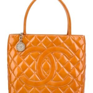 Chanel Orange Patent Leather Medallion Tote